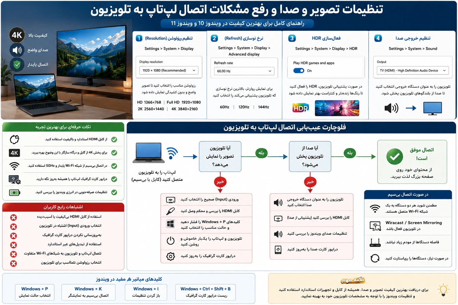تنظیم رزولوشن، خروجی صدا، HDR و رفع مشکلات اتصال لپتاپ به تلویزیون در ویندوز 10 و ویندوز 11