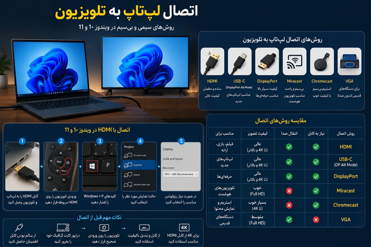 آموزش اتصال لپتاپ به تلویزیون با کابل HDMI، USB-C، DisplayPort و اتصال بیسیم Miracast در ویندوز 10 و ویندوز 11